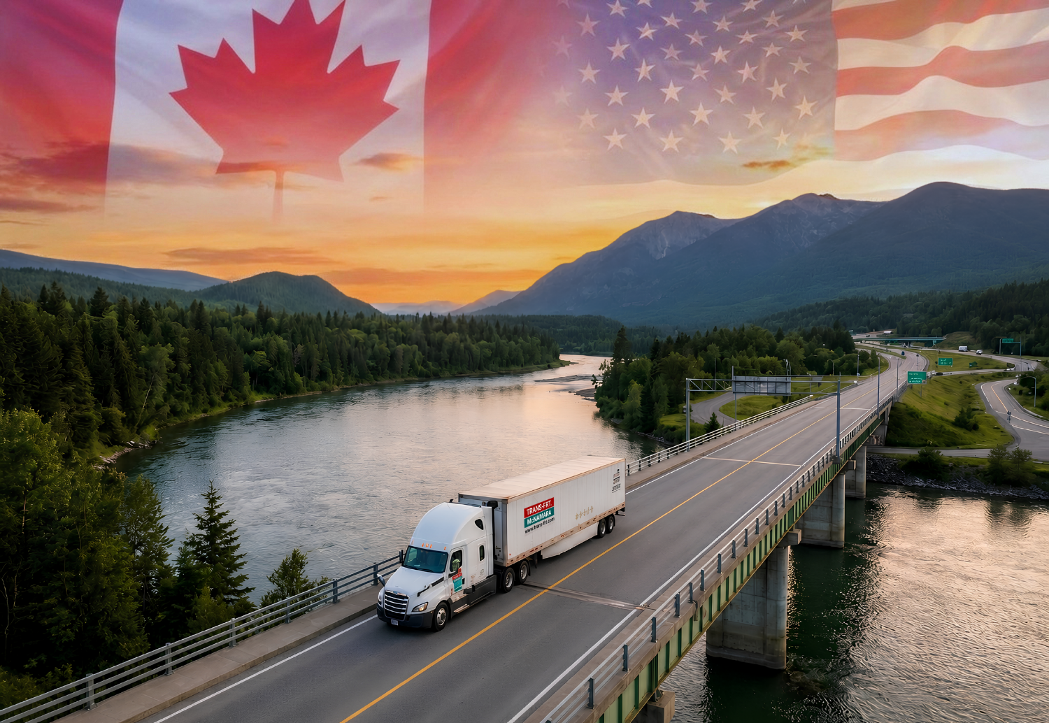 Trans-Frt McNamara truck crossing a bridge on a Canada and United States cross-border route