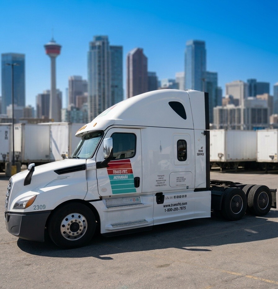 Trans-Frt McNamara truck sitting in a terminal parking lot with other trailers behind it. Skyline shot of the city of Ayr shines in the background 